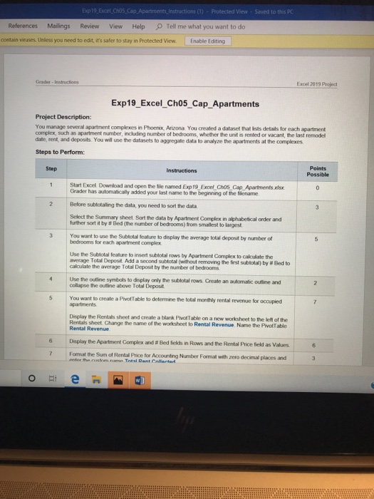Dp 19.Excel_CHO_Cap Apartments_Instructions (1) - Protected View - Saved to this PC Review View Help Tell me what you want to