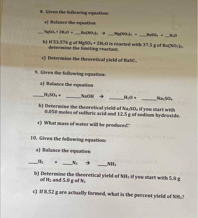 Solved 8. Given the following equation: a) Balance the | Chegg.com