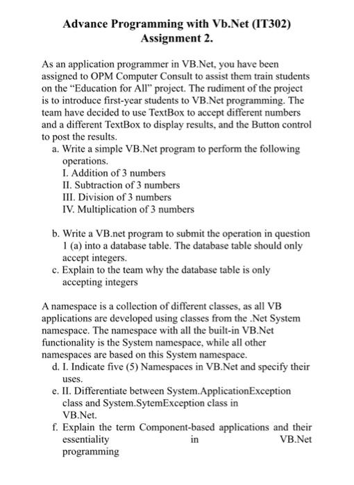 Solved Advance Programming with Vb.Net (IT302) Assignment 2. | Chegg.com