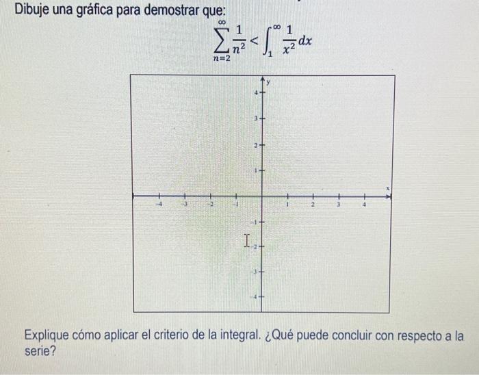 Dibuje una gráfica para demostrar que: \[ \sum_{n=2}^{\infty} \frac{1}{n^{2}}<\int_{1}^{\infty} \frac{1}{x^{2}} d x \] Expliq