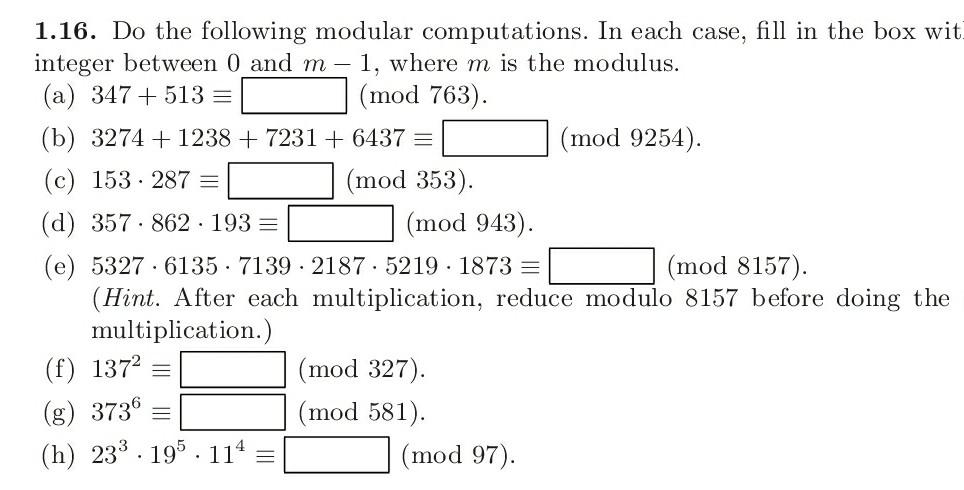 Solved 1.16. Do the following modular computations. In each | Chegg.com