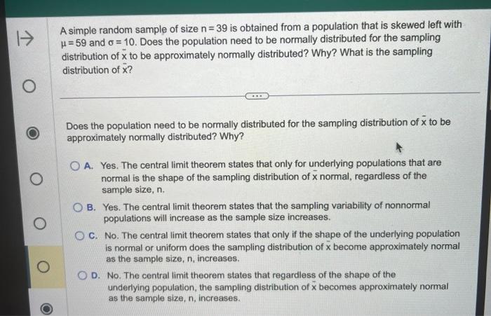Solved A simple random sample of size n=39 is obtained from | Chegg.com