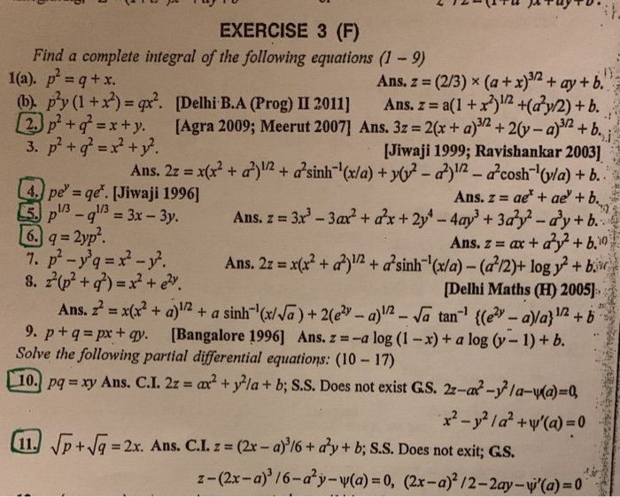 Solved Exercise 3 F Find A Complete Integral Of The Chegg Com