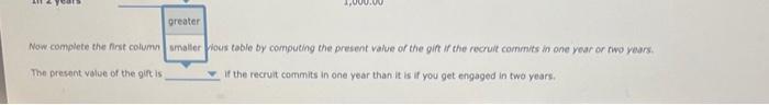 Now complete the first column Wous table by computing the present vatue of the gift if the recruit comirnts in one year or rw