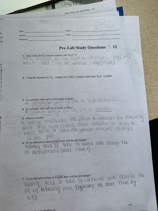 Solved Chapter Acids Bases, pil and Buffers 141 Date Name