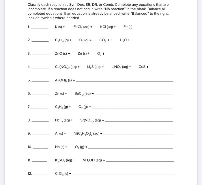 Solved Classify each reaction as Syn, Dec, SR, DR, or Comb. | Chegg.com