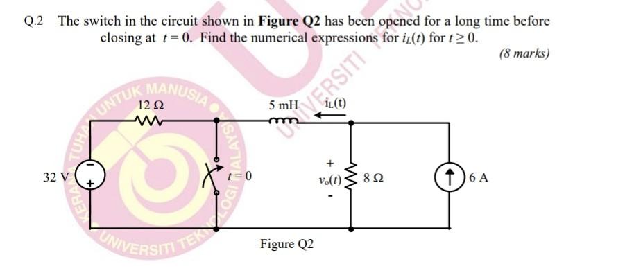 Solved Q.2 The switch in the circuit shown in Figure Q2 has | Chegg.com