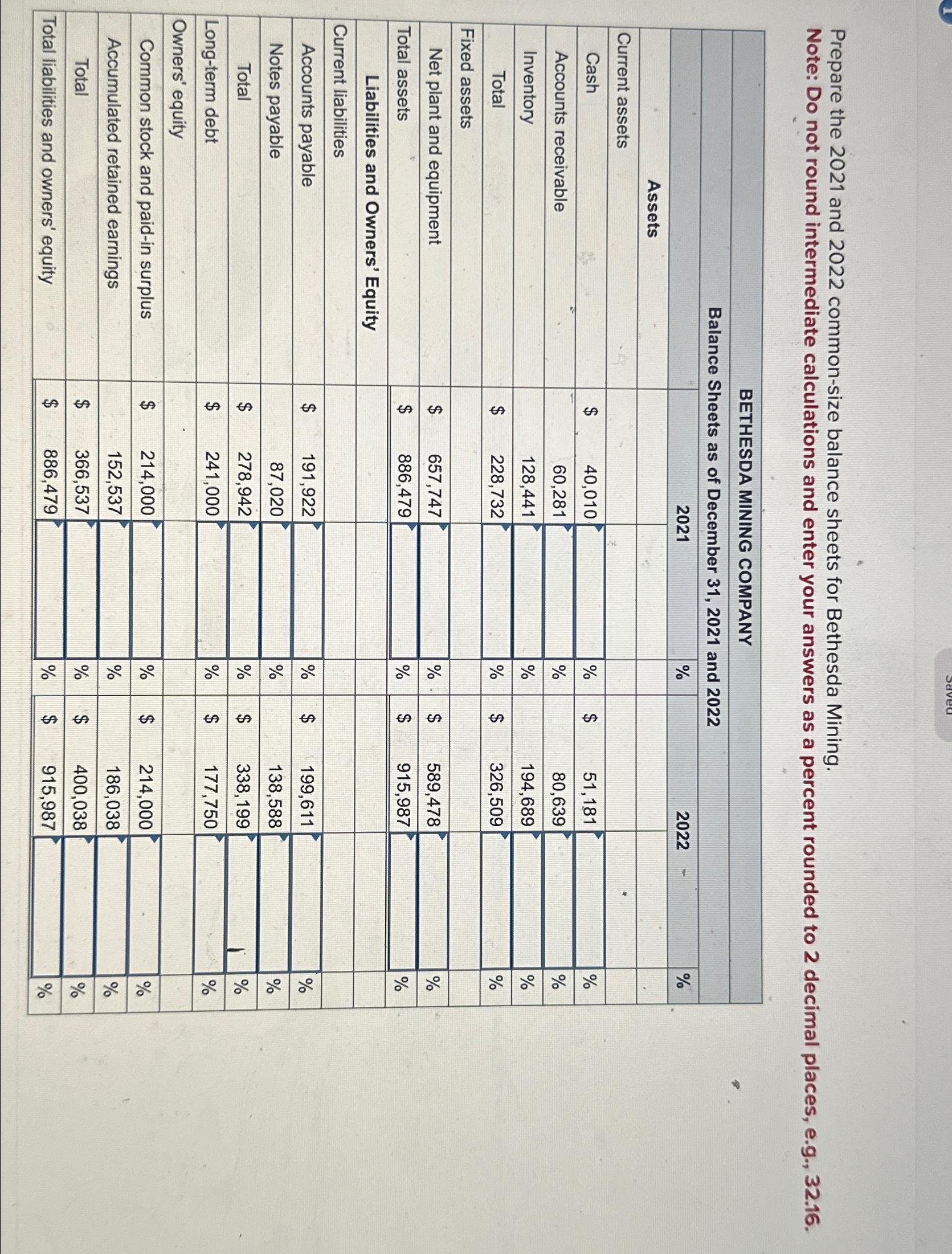 Solved Prepare the 2021 ﻿and 2022 ﻿common-size balance | Chegg.com