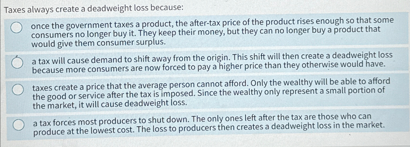 Solved Taxes always create a deadweight loss because:once | Chegg.com