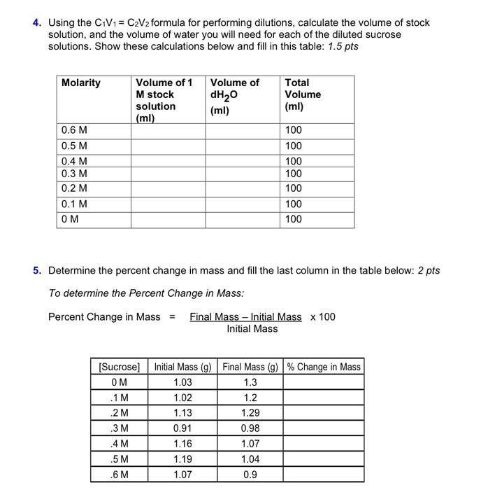 Solved Experiment Osmolarity in Potato Tissue Materials