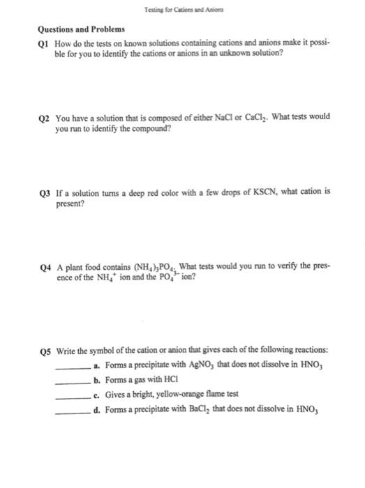 Solved Testing for Cations and Anions Questions and Problems | Chegg.com