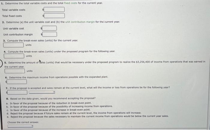 Solved 1. Determine the total variable costs and the total | Chegg.com