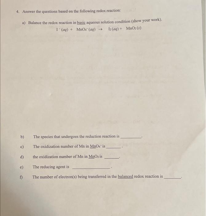 Solved 4. Answer the questions based on the following redox | Chegg.com