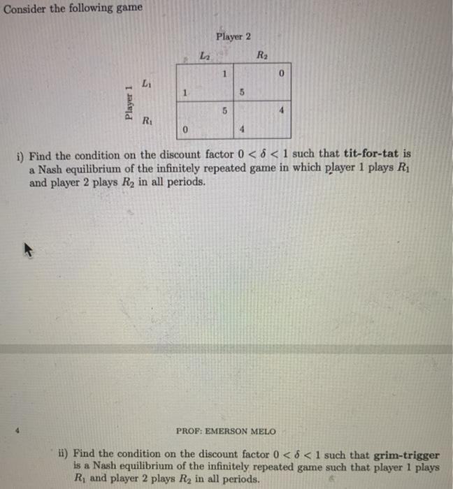 Solved Consider the following game Player 2 La R2 1 0 Li 1 5 | Chegg.com