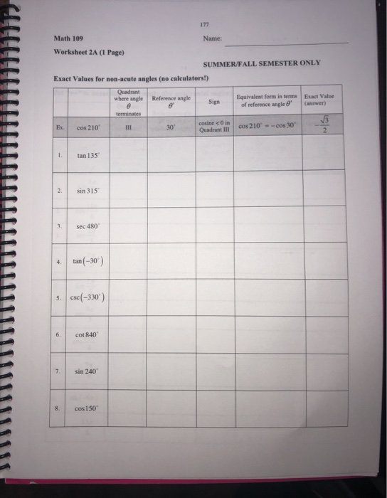 Home Work Math 109 Solved 177 Math 109 Name: Worksheet 2A (1 Page) SUMMER/FALL | Chegg.com