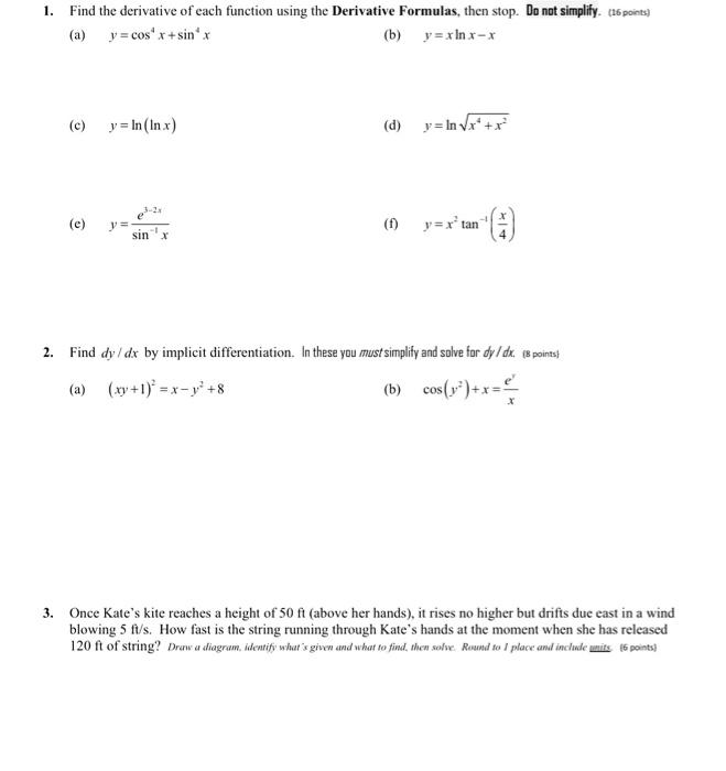 Solved 1. Find the derivative of each function using the | Chegg.com