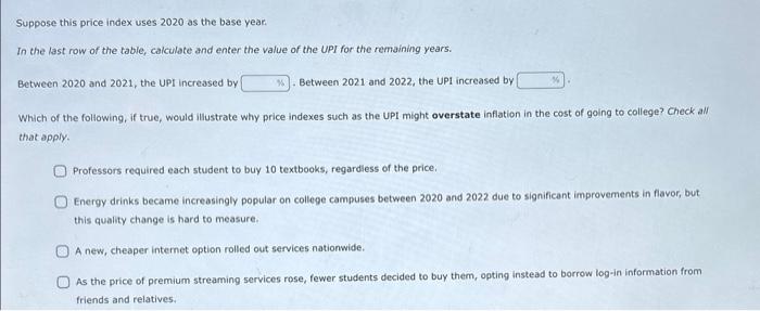 Suppose this price index uses 2020 as the base year.
In the last row of the table, calculate and enter the value of the UPI f