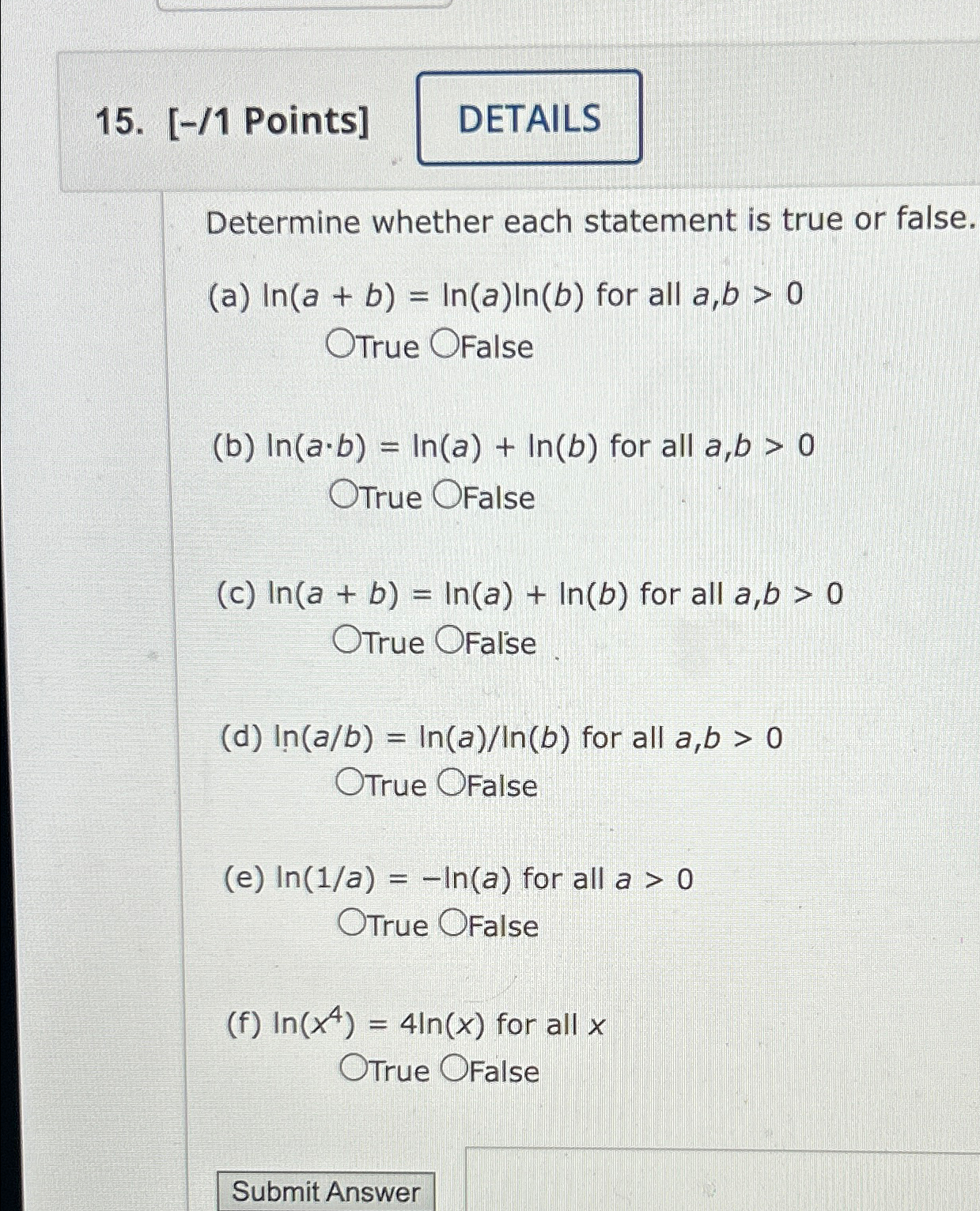 Solved [-/1 ﻿Points]Determine whether each statement is true | Chegg.com