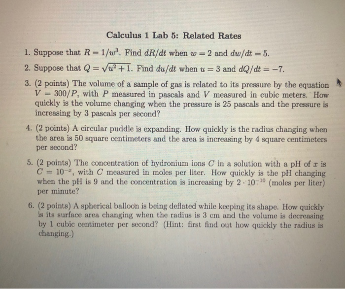 Solved Calculus 1 Lab 5: Related Rates 1. Suppose that | Chegg.com