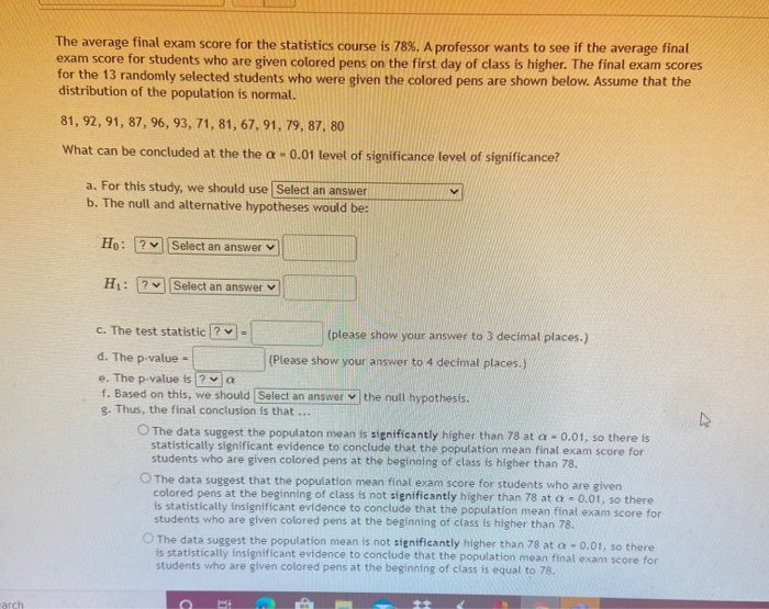 Solved The average final exam score for the statistics | Chegg.com