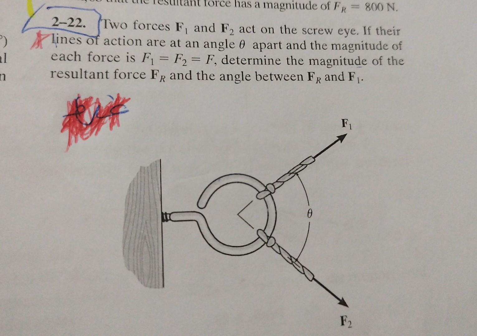 Solved 2-22. Two forces F1 and F2 act on the screw eye. If | Chegg.com