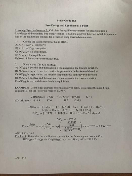 Solved Study Guide 16.6 Free Energy and Equilibrium Point | Chegg.com