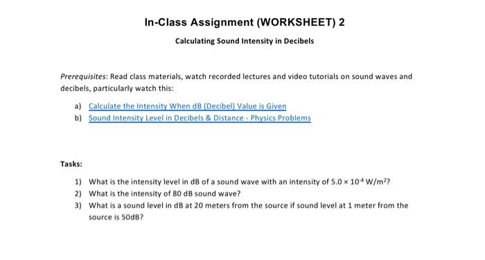 Solved In-Class Assignment (WORKSHEET) 2 Calculating Sound | Chegg.com