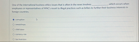 Solved One of the international business ethics issues that | Chegg.com