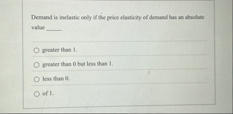 Solved Demand is inelastic only if the price elasticity of | Chegg.com