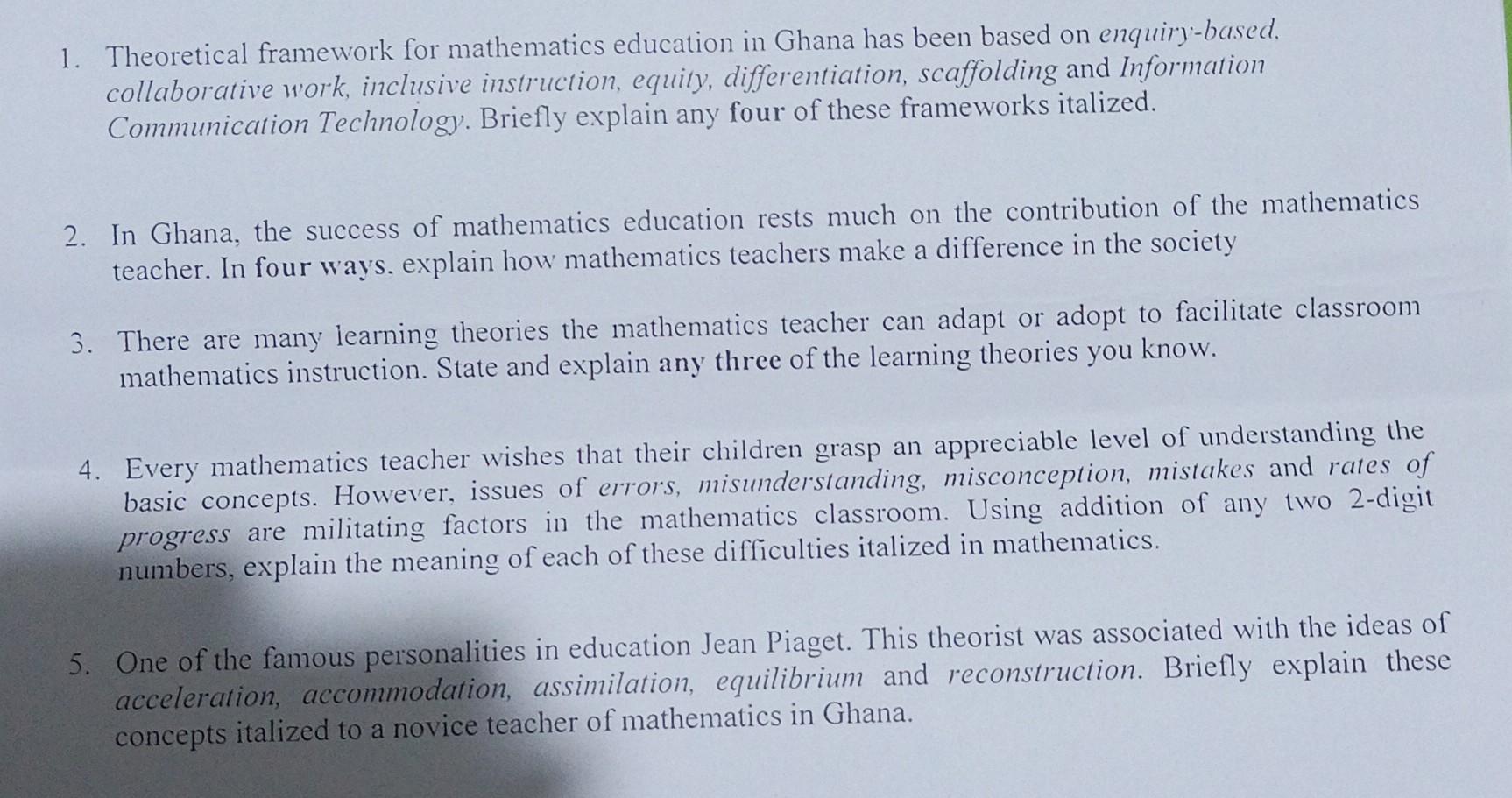 Solved 1. Theoretical framework for mathematics education in