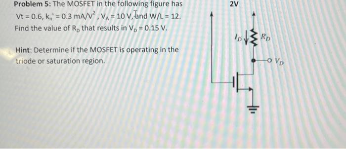 Solved Problem 5: The MOSFET in the following figure has Vt | Chegg.com