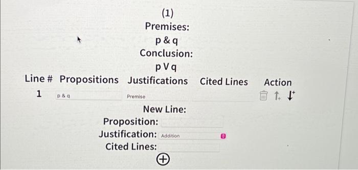 (1) Premises: p&q Conclusion: pva Line # Propositions | Chegg.com