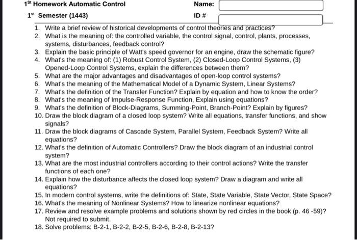 Solved 1st Homework Automatic Control Name: 14 Semester | Chegg.com