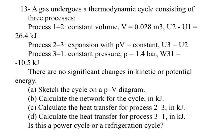 Solved 13- A Gas Undergoes A Thermodynamic Cycle Consisting | Chegg.com