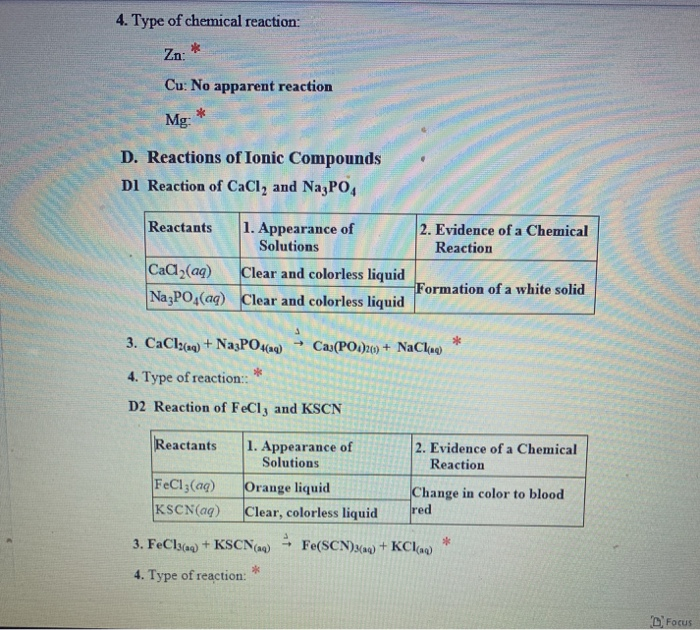 Solved REPORT SHEET LAB Chemical Reactions and Equations 10