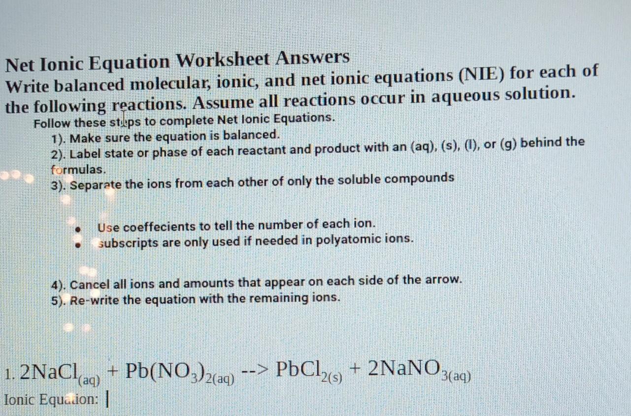 Net Ionic Equation Worksheet Answers Write balanced  Chegg.com With Net Ionic Equations Worksheet