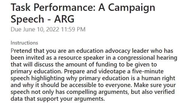 Task Performance: A Campaign Speech - ARG Due June | Chegg.com