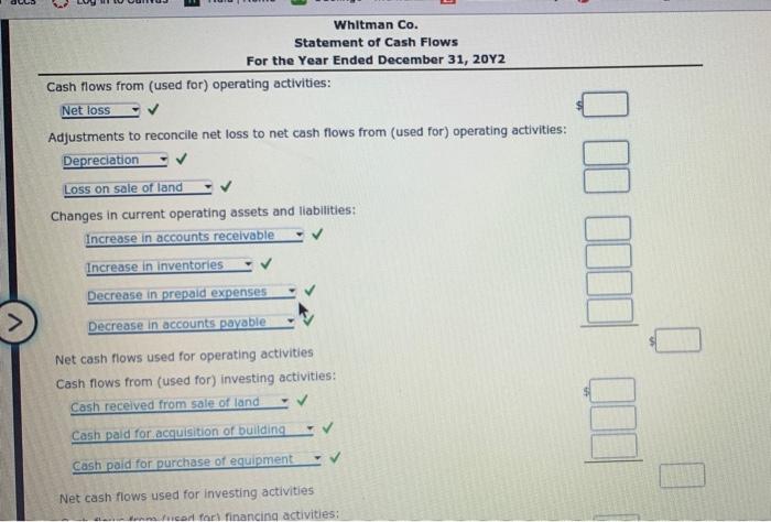 >
Whitman Co.
Statement of Cash Flows
For the Year Ended December 31, 20Y2
Cash flows from (used for) operating activities:
N