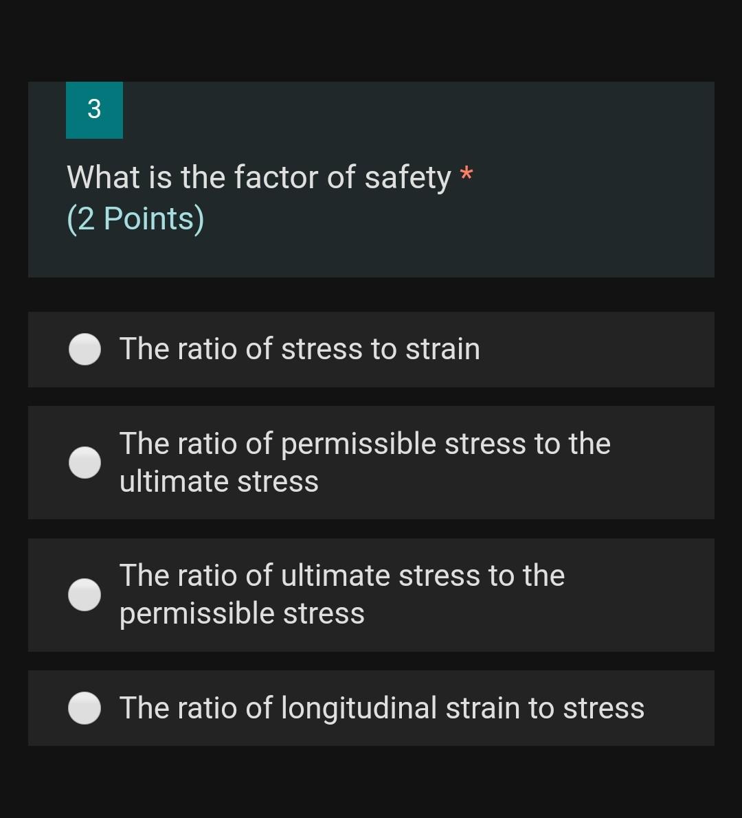 Solved 3 * What is the factor of safety (2 Points) The ratio | Chegg.com