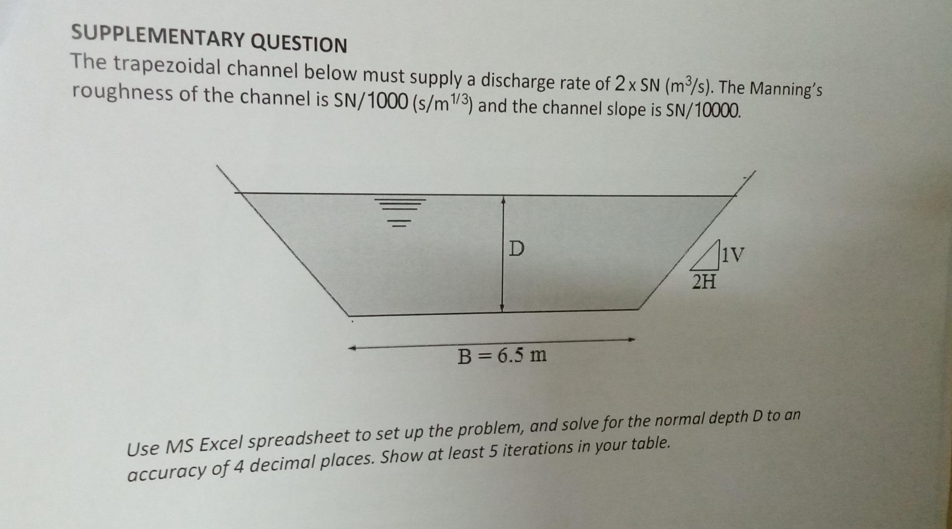 Solved SUPPLEMENTARY QUESTION The trapezoidal channel below | Chegg.com