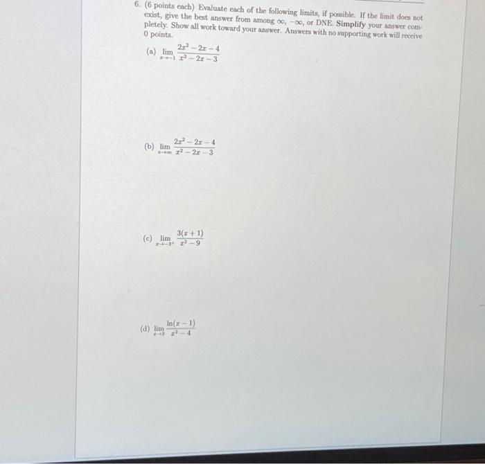 Solved 6. (6 points each) Evaluate each of the following | Chegg.com