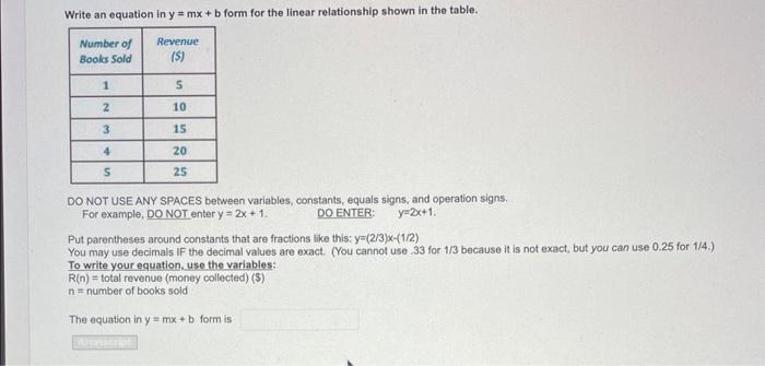 Solved Write An Equation In Y=mx+b Form For The Linear | Chegg.com