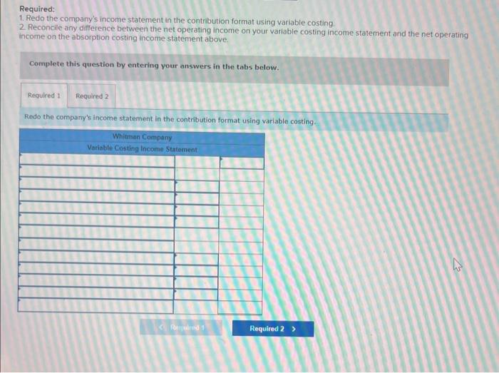 Required:
1. Redo the companys income statement in the contribution format using variable costing.
2. Reconcile any differen