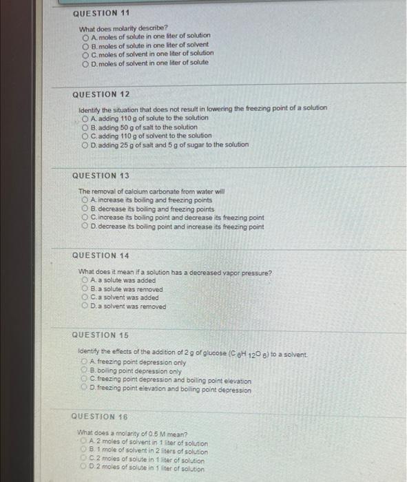 Solved What does molarity describe? A. moles of solute in | Chegg.com