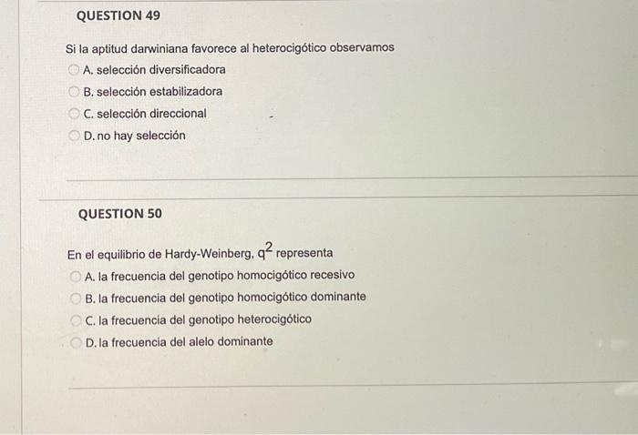 Si la aptitud darwiniana favorece al heterocigótico observamos A. selección diversificadora B. selección estabilizadora C. se