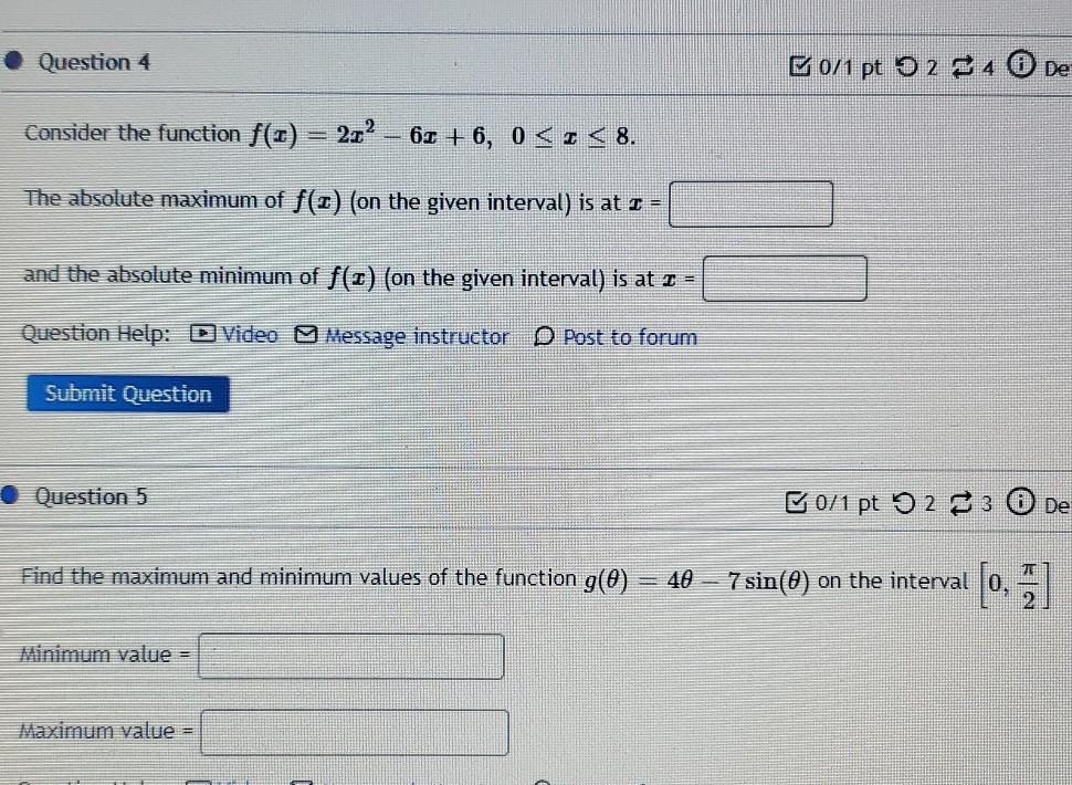 Solved Question 4 B01 Pt 9 2 And 4 O De Consider The Function 0971