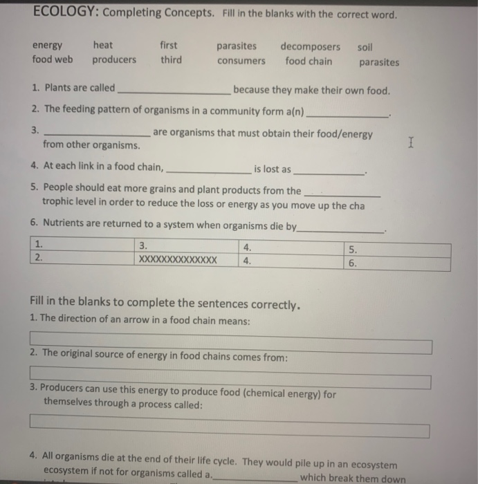 Solved ECOLOGY: Completing Concepts. Fill in the blanks with 