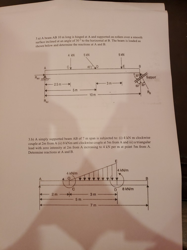 Solved a) A beam AB 10 m long is hinged at A and supported | Chegg.com