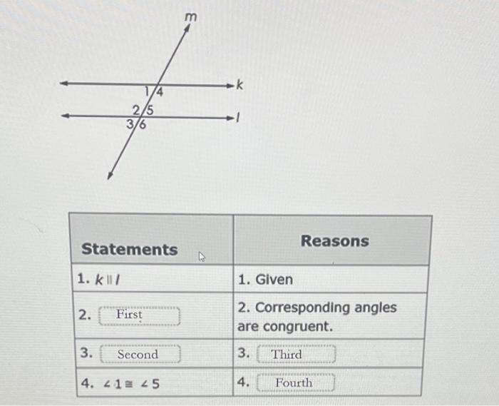 \begin{tabular}{|l|l|}
\hline Statements & \multicolumn{1}{|c|}{ Reasons } \\
\hline 1. \( k \| I \) & 1. Given \\
\hline 2. 