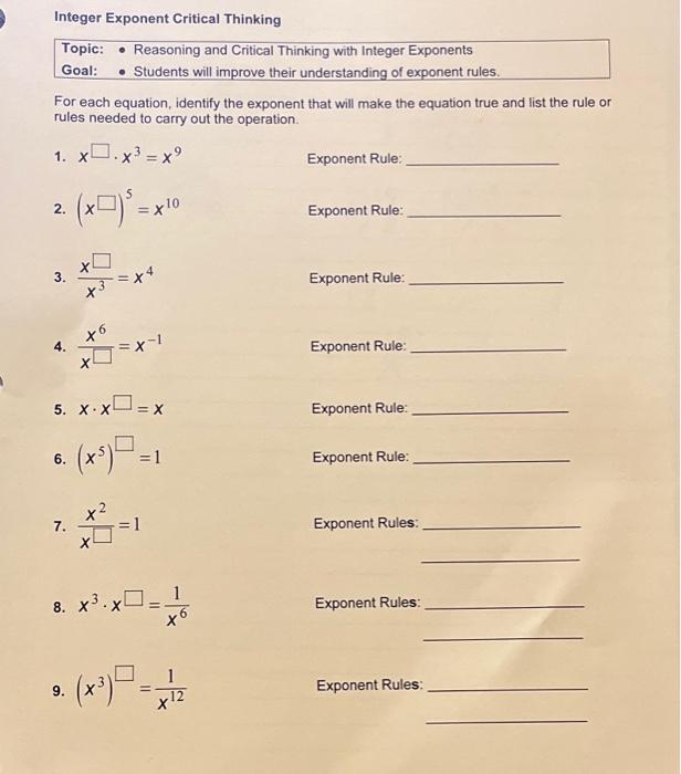Solved Goal: Integer Exponent Critical Thinking Topic: • | Chegg.com
